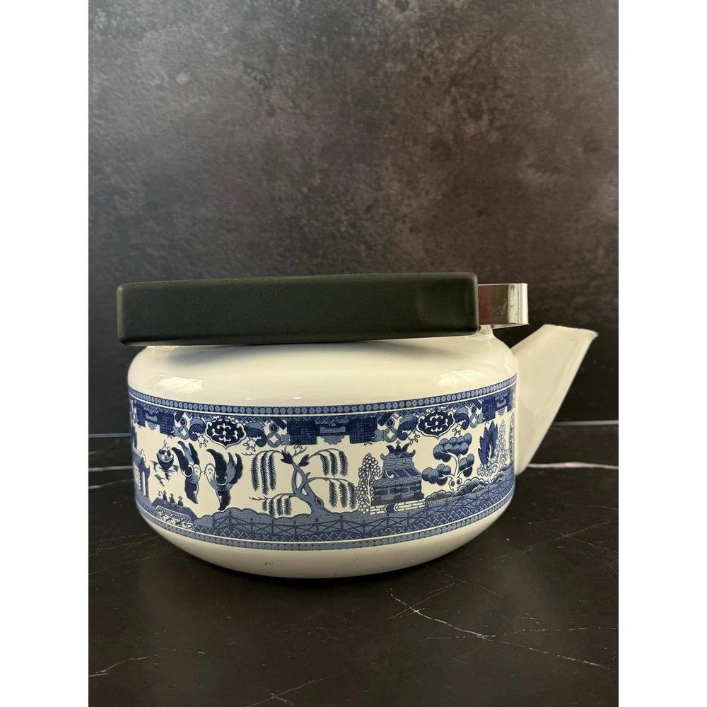Vintage 1960s Howard Holt Blue Willow Tea Kettle Porcelainized Steel